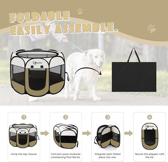 Pink Puppy Playpen for Middle Dog Cat, Dogs Tent Crate Cage Indoor/Outdoor, Portable Pop Up Dog Kennel with Carrying Bag for Rabbits, Removable Top (Coffee, Medium (36" x 36" x 23"))