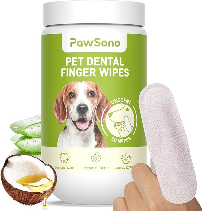 Dog Teeth Cleaning Wipes, Fresh Breath Pet Dental Finger Wipes for Dogs & Cats, Dog Dental Wipes Teeth Wipes, Lick-Safe Pet Toothbrus for Easy Removal of Tartar Buildup, Unscented - 50 PCS