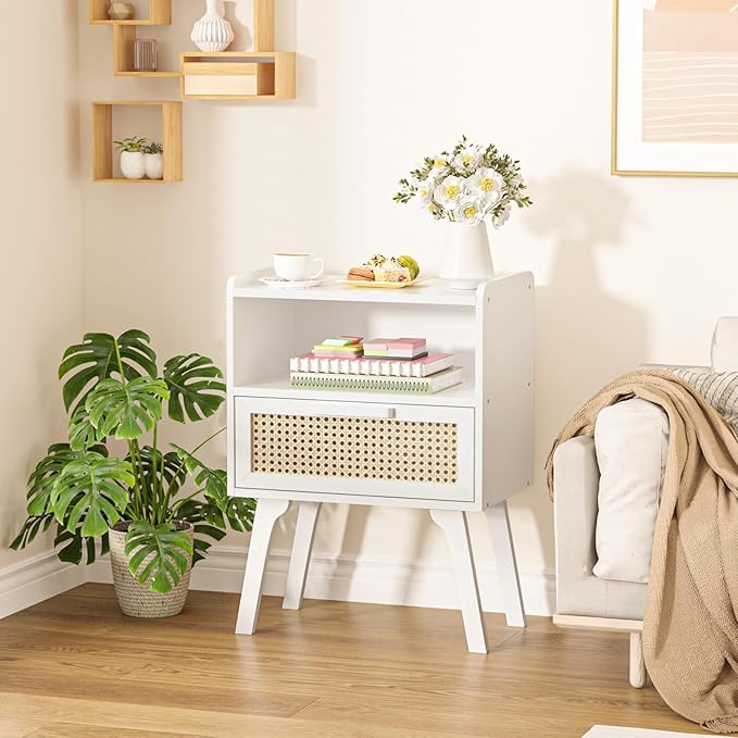 Lerliuo Rattan Nightstands Set of 2, Bedside Table with Drawer Open Shelf, Cane Accent Side End Table with Solid Wood Legs, White Mid Century Night Stand for Bedroom, Dorm and Small Spaces