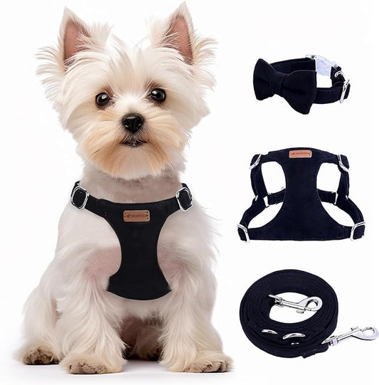 Dog Harness and Leash Set, XXS No Pull Adjustable Puppy Harness with Multifunction Pink Dog Leash and Dog Collar, Soft No Choke Escape Proof Pet Harness Vest for Small Dogs and Cats (Black, XS)