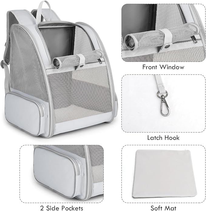 Cat Backpack Carrier, Large Pet Carrier Backpack with Kitten Wand Feather Toy for Medium Small Dog Cat Puppy Kitty Bunny up to 15lbs, Ventilated Mesh Kitten Bookbag for Travel Walking Outdoor (Grey)