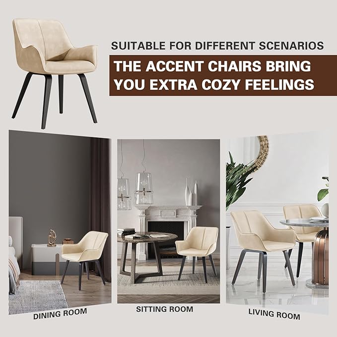 Upholstered Dining Chairs Set of 4 & 2 & 6 Faux Leather Accent Chair Living Room Chairs Kitchen & Dining Room Chairs Comfy Reading Chair for Bedroom Mid Century Modern Arm Chair (Beige, 4)