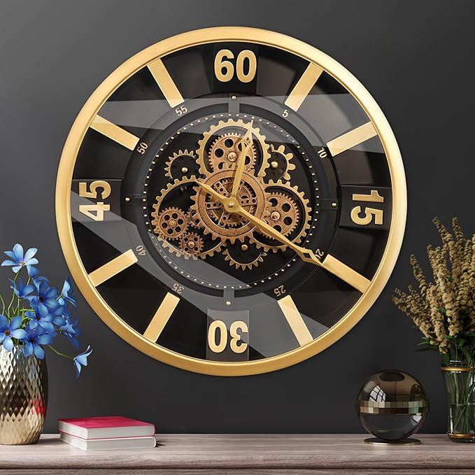 October Elf Large Real Moving Gears Wall Clock 18 Inch Vintage Industrial Steampunk Large Big Metal Wall Clock for Living Room Decor (18 Inch Golden Arabic Numerals)