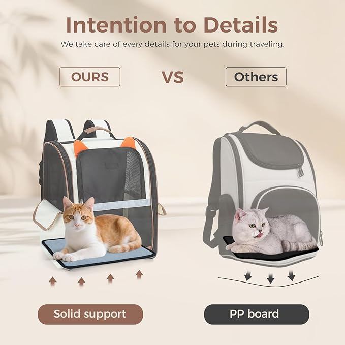 Lekereise Cat Backpack Carrier, Pet Carrier Backpack Airline Approved for Small Dogs Medium Cats Fit Up to 18 Lbs, Dogs Foldable Backpack Carrier for Travel, Hiking, Beige-Orange Ears