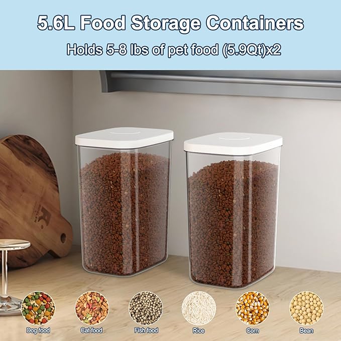 Airtight Dog Cat Food Storage Container and Dog Treat Containers BPA-Free, PET Clear Stackable Pet Storage Bin, 1 Cup Scoop, 1 Sponge cleaning brush, Pop Top, With handle ((5.6L-1Pack) White)