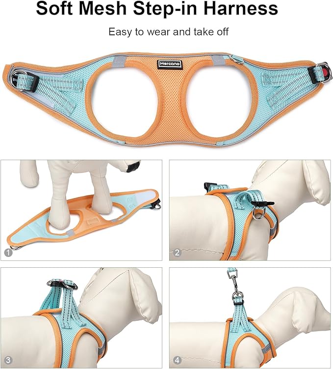 Mercano Soft Mesh Dog Harness and Leash Set, No-Chock Step-in Reflective Breathable Lightweight Easy Walk Vest Harnesses with Safety Buckle for Small Dogs, Cats (XXS, Orange Blue)