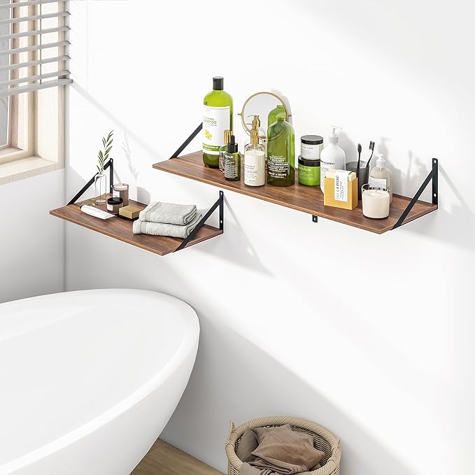 Heimlove 12 Inch Deep Floating Shelves for Wall, 24W x 12D Wood Wall Shelves Set of 2, Walnut Wide Floating Bookshelf for Living Room, Kitchen, Office, Bedroom, with Black Metal Bracke - Walnut