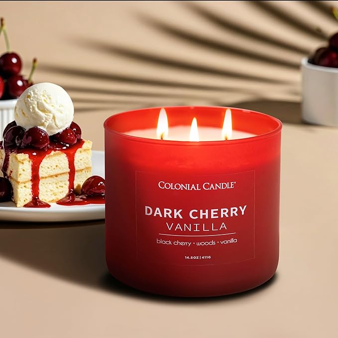Colonial Candle Dark Cherry Vanilla Scented Jar Candle, Pop of Color Collection, 3 Wick, 14.5 oz - Up to 60 Hours Burn