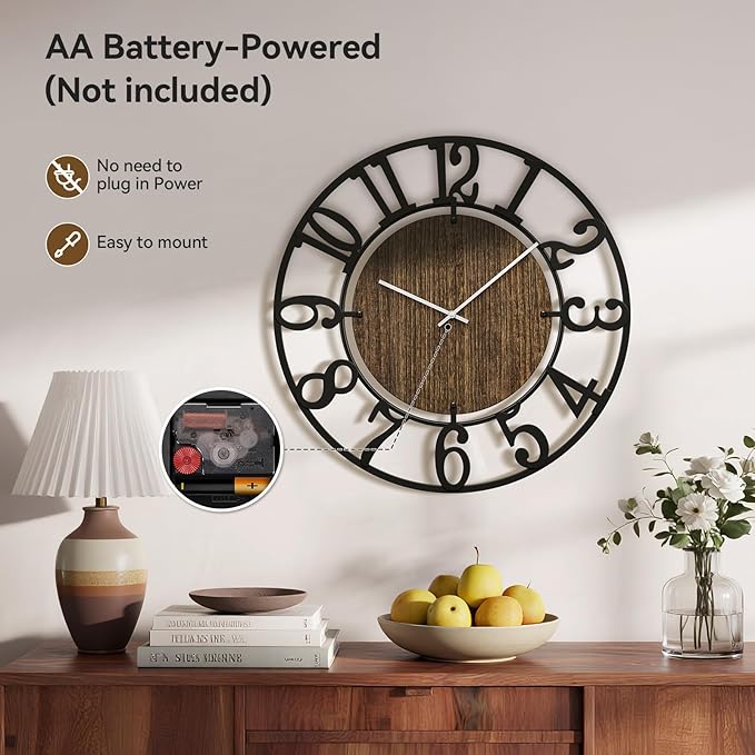 Large Wall Clocks, 16" Black Decorative Wall Clock for Living Room by Battery Operated, Oversized Farmhouse Silent Walls Clock with Metal Arabic Number for Office, Classroom, Bedroom