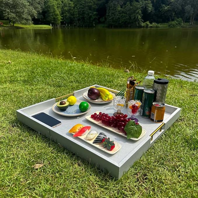 24x24 Inches Extra Large Silver Faux Leather Wrapped Wood Ottoman Tray with Golden Handles for Serving Food and Breakfast On Bed, Square Coffee Table Organizer, Home Decor and Decorative