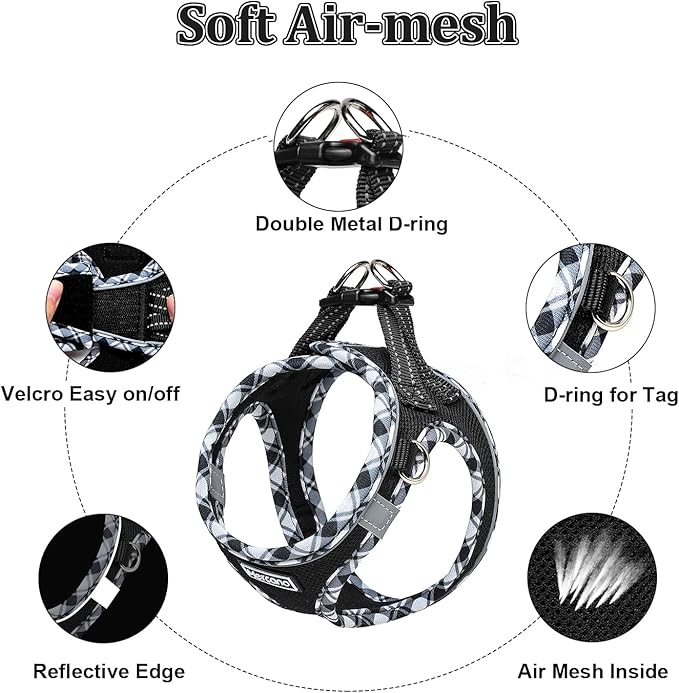 Mercano Soft Mesh Dog Harness and Leash Set, No-Chock Step-in Reflective Breathable Lightweight Easy Walk Vest Harnesses with Safety Buckle for Small Dogs, Cats (Black White, S)