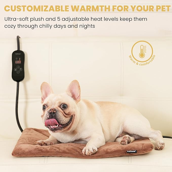 Upgraded Pet Heating Pad, 5 Adjustable Temperature & Timer, Warm Dog Cat Heating Pad, Auto Power-Off, Waterproof Chew-Resistant (M:20'' x 16'')