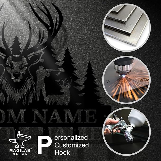 Personalized Custom Name Hunting Deer Wall Key Hooks,Metal Hunting Art Clothes Hooks,Metal Hunting Wall Home Storage Decorative,Hunter For Front Door, Hallway, Kitchen, Bedroom,Keys,Hats (Style F)