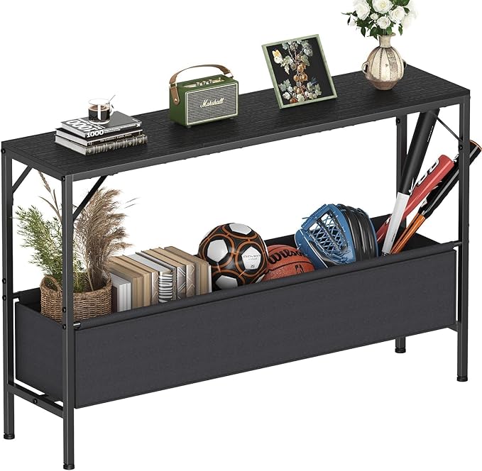 Narrow Console Table with Storage Basket, 47.2'' Behind The Couch Table, Entryway Table, Skinny Console Table, Small Sofa Table, Display Table for Hallway, Foyer, Living Room, Black