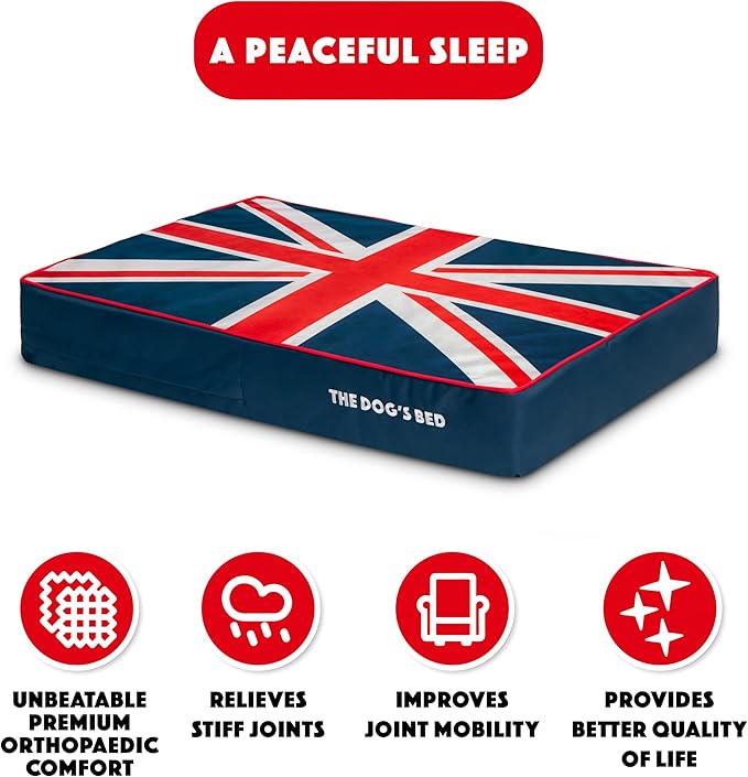 The Dog’s Bed Orthopedic Memory Foam Dog Bed, Large Blue & Red Trim UK Center Flag 40x25, Pain Relief for Arthritis, Hip & Elbow Dysplasia, Post Surgery, Supportive, Calming, Waterproof Washable