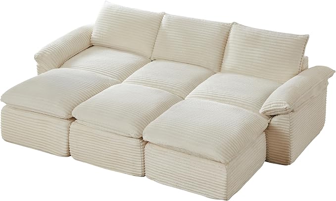 113.03" Sectional Couches for Living Room Modern Modular Sofa Couchs Upholstered Corduroy Boneless Couch Deep Seat Cloud Couch with Ottoman, No Assembly Required, White