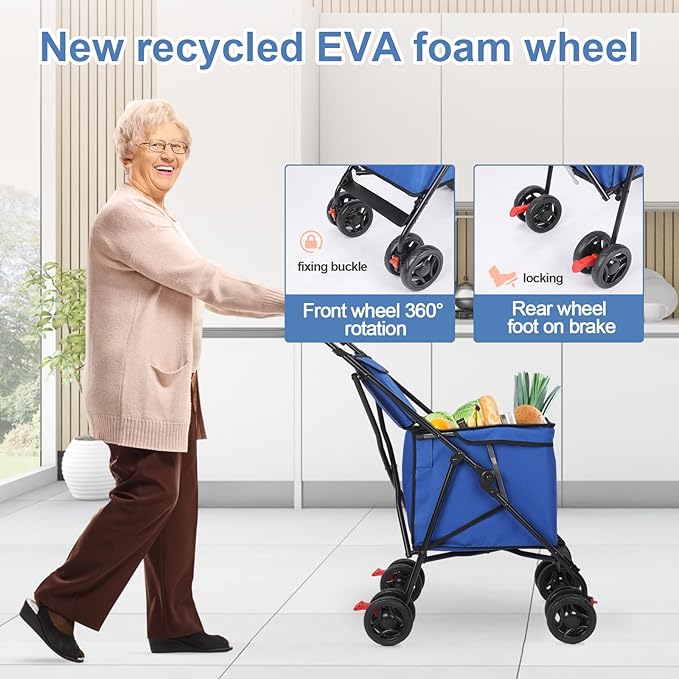 Wedyvko Pet Dog Stroller, 4 Wheel Foldable Cat Dog Stroller with Storage Basket, Handle 360° Front Wheel Rear Wheel with Brake for Small Medium Dogs & Cats (Blue)