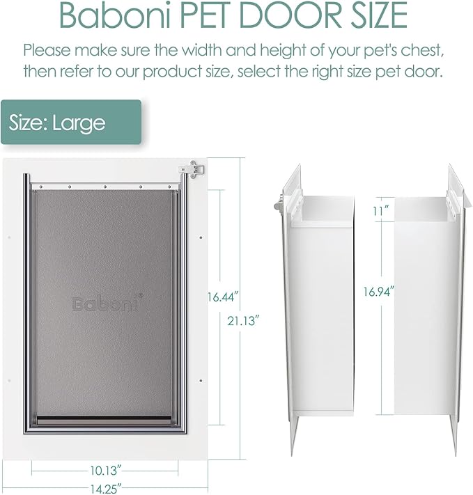 Baboni 3-Flap Pet Door for Wall, Steel Frame and Telescoping Tunnel, Aluminum Lock, Double Flap Dog Door and Cat Door, Strong and Durable (Pets Up to 100 Lb) -Large