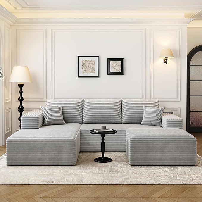 107.5" Cloud Modular Sectional Couch with 1 Ottoman,Modern Minimalist Upholstered Couches, Comfort U Shaped Sofa for Living Room,Deep Seat Corner Couch,No Assembly Required (Grey,Left Facing Chaise)