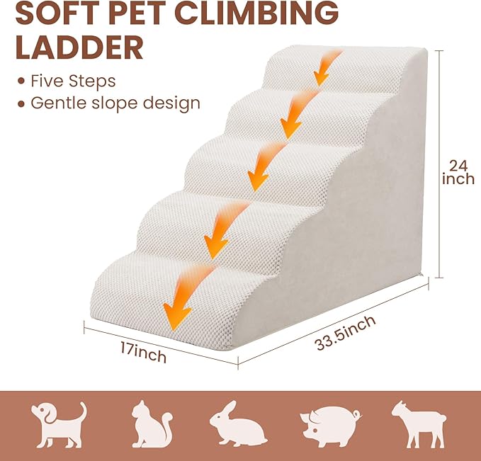 5 Steps Dog Stairs for Bed, 24" Dog Steps for High Bed, High Density Pet Steps for Small Dogs, Extra Wide Non-Slip Dogs Ramp for Injured, Older Pets, Small Cats, White