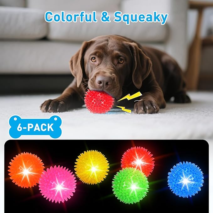 6-Pack 3.5” LED Light-Up Squeaky Dog Toy Balls ,Durable Interactive Glow Fetch Toys for Aggressive Chewers,BPA Free Non-Toxic, Spiky Puppy Chew Balls
