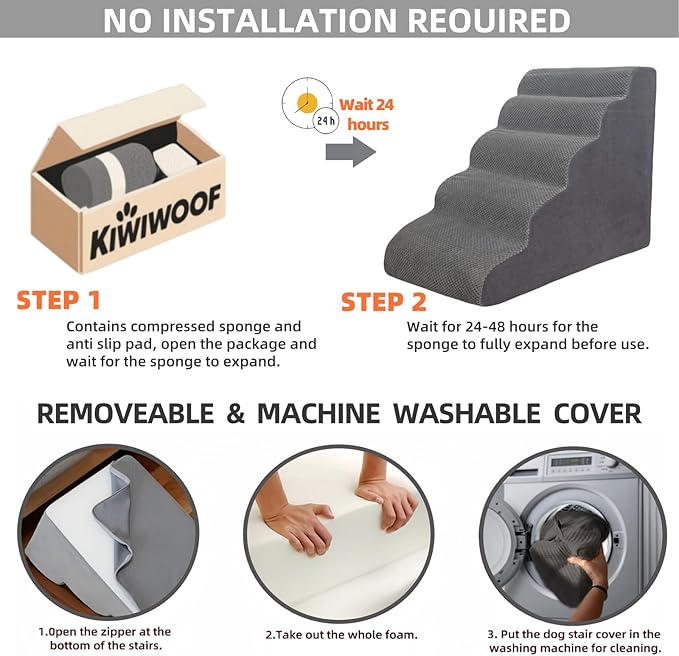 5 Step Pet Stairs Ramp for High Beds Sofas 5-30 Inch with Sturdy Non Slip Waterproof Pads, Machine Washable Cover Indoor Balanced Design for Cats Dogs Small Medium Large XL Pets Grey (Black, Large, 1)