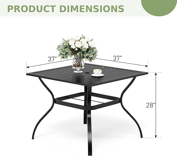 PHI VILLA 37" Metal Steel Slat Patio Dining Table Square Backyard Bistro Table Outdoor Furniture Garden Table, 1.57” Umbrella Hole, Black