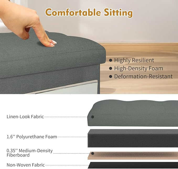 Small Ottoman with Storage, Foldable Ottoman Foot Rest Stool with Thicker Foam Padded Seat. Linen Storage Bench for Bedroom Living Room, Holds Up to 300 lbs, 17x13x13IN(Black Green)