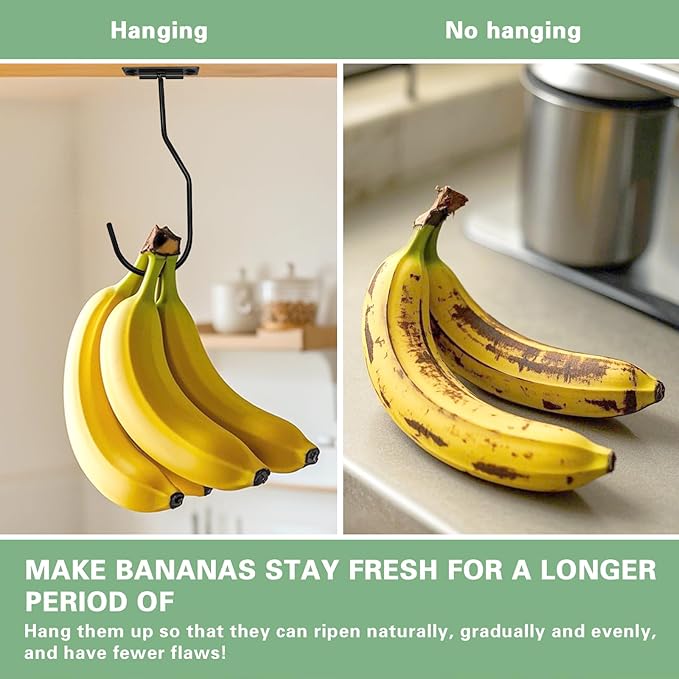 Banana Hanger Hook – Space Saving Banana Holder Hanger to Keep Bananas Fresh, Self Adhesive and Screw Banana Hook 4Pack Black