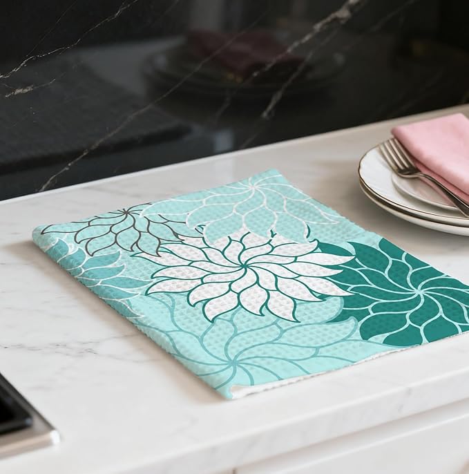 Boho Floral Abstract Waffle Towels, Flower Hand Towel for Bathroom Decor, 16x24 Inch Neutral Azure Flower Dish Tea Towel Decor for Kitchen/Bath/SPA,Gift for Friends.