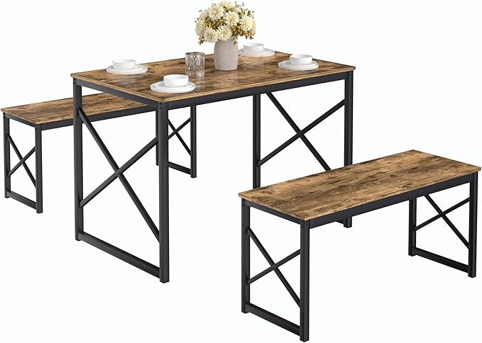 VECELO Kitchen Dining Table Benches Set for 4, 43.3" Wooden Dinette with 2 Benches, Heavy-Duty Dining Room Table for Small Space, Breakfast Nook, Brown