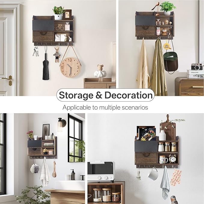 Key Holder Wall Mount, 14.5x11.2x3.5'' Larger 3-Tier Shelf 8 Hooks Drawer Storage,Wooden Key and Mail Holder for Wall,Farmhouse,Home,Living Room,House,Office Decor,Hats,Bag,Dog Leash Hanger Organizer