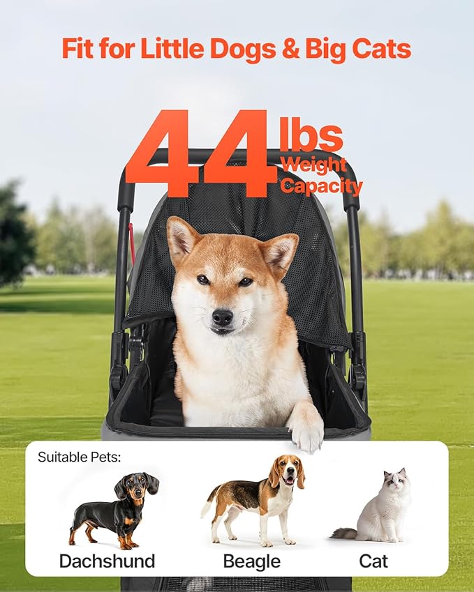 VEVOR Pet Stroller, 44 lbs Weight Capacity, Foldable Dog Cart, 4 Wheels Cats Stroller with Mesh Windows & Revrsible Handle, Portable Pet Carrier with Brake, for Small to Medium Pets