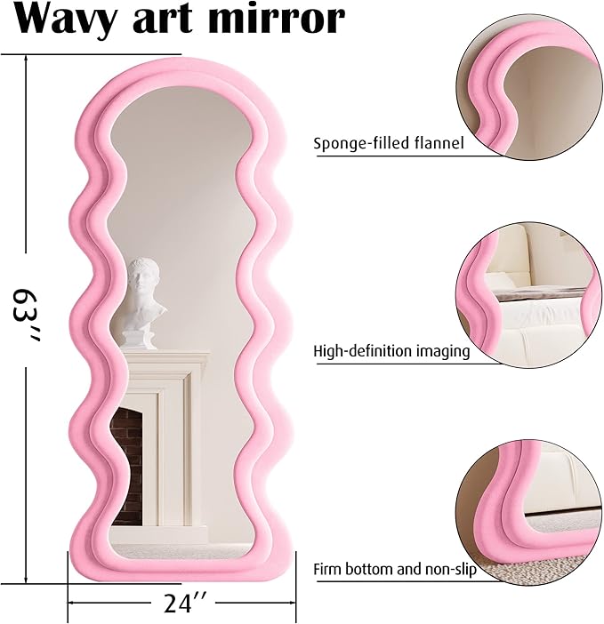 BOJOY Full Length Mirror 63"x24", Irregular Wavy Mirrors, Wave Arched Floor Mirror, Wall Mirror Standing Hanging or Leaning Against Wall for Bedroom, Flannel Wrapped Wooden Frame Mirror-Pink