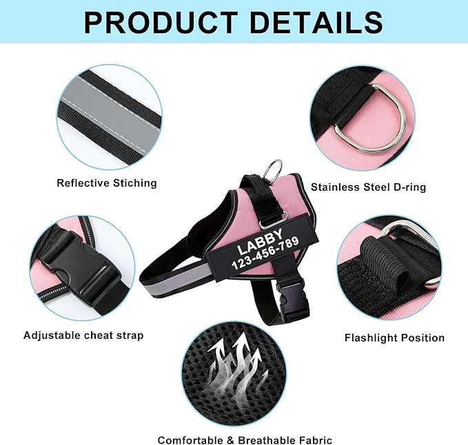 Custom No Pull Dog Harness with Name and Phone Number, Reflective Heavy Duty Personalized Pet Vest, Breathable Adjustable Harness to Prevent Tugging, Pulling or Choking
