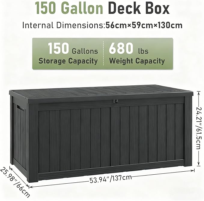 Outdoor Storage Box, Resin Deck Boxes Indoor and outdoor, Waterproof Storage Box Lockable Lid (Black, 150 Gallon)