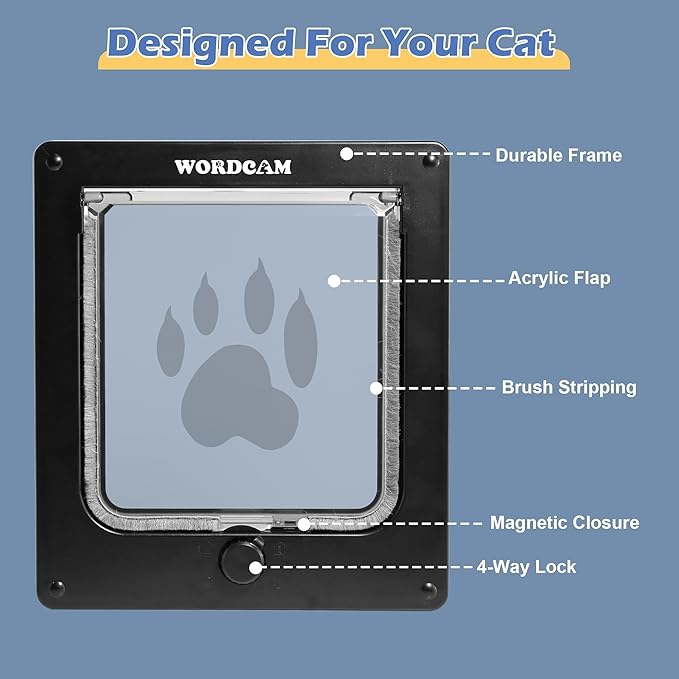 Wordcam X-Large Cat Door, Strong Cat Door for Interior Exterior Doors, 4 Way Locking Pet Door for Cats Up to 25lbs, Cat Flap for Kitten Doggies, Easy Installation, Weatherproof (Black,XL)