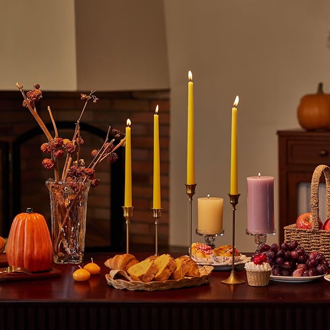 New Burning Formula Unscented Dripless 12-Inch Taper Candles Set of 12 - Spicy Mustard, for Wedding, Dinner - Smokeless, Long Burning - Hand Poured, Colored Tall Candlesticks - Mostaza Picante