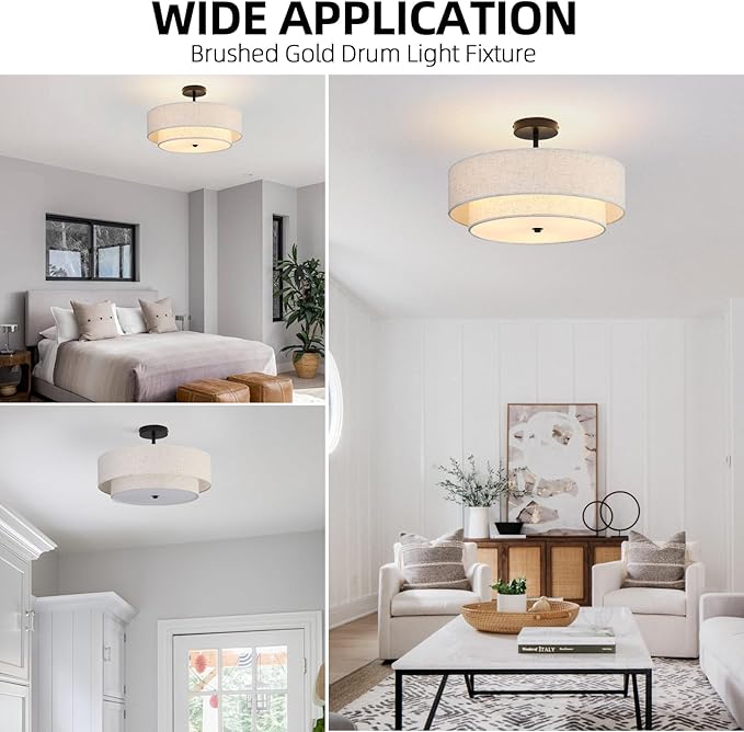 18" Semi Flush Mount Ceiling Light with Fabric Lampshade Modern Drum Ceiling Lamp Black Ceiling Light Fixture for Dining Room Kitchen Bedroom Living Room