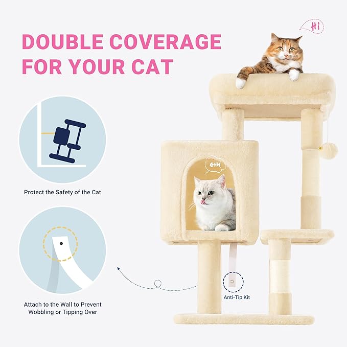 Allewie 29 Inches Cat Tree Tower/Plush Perches Platform/Condo/House/Sisal Scratching Posts/Multi-Level Activity Center Furniture for Kittens/Beige