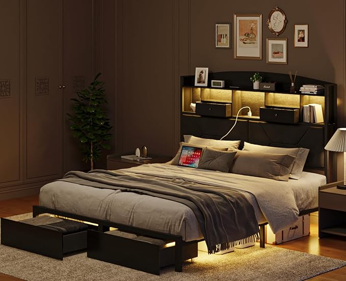 Queen Size Black Bed Frame with 4 Storage, Upholstered Velvet Platform Bed Frames with Button Tufted Headboard Led Lights, Wooden Slats Support, No Box Spring Needed, Black