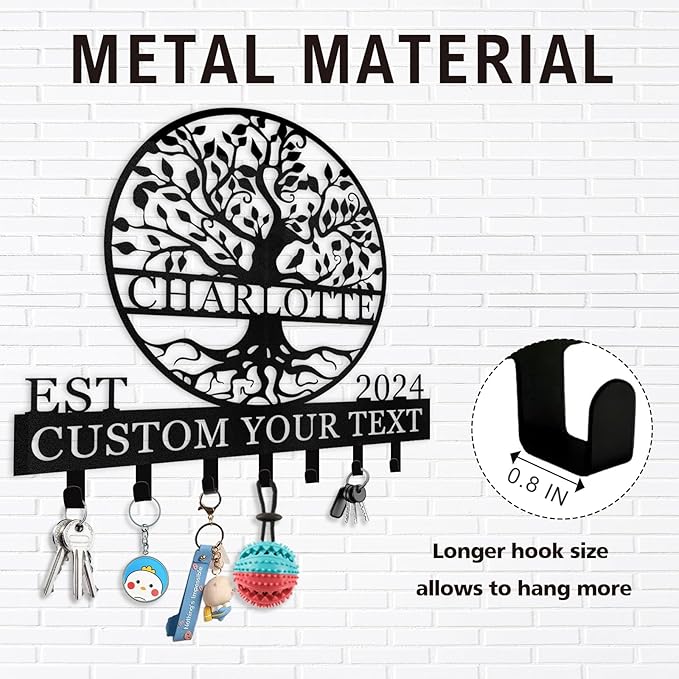Personalized Key Holder Wall Mount - Custom Name Tree of Life Key Holder for Wall, Metal Key Rack Coat Rack for Front Door, Living Room, Kitchen, Housewarming Wedding Gift