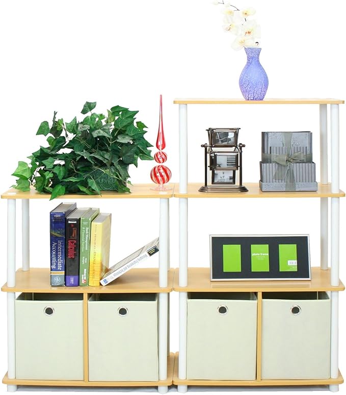 Furinno NW889BE/WH Go Green 4-Tier Multipurpose Storage Rack w/Bins, Beech/White