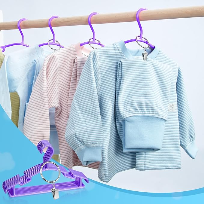 Baby Hangers with Metal Ring Clips, Children Plastic Hanger for Kids Pants Clothes Closet, 20 Pack, Purple