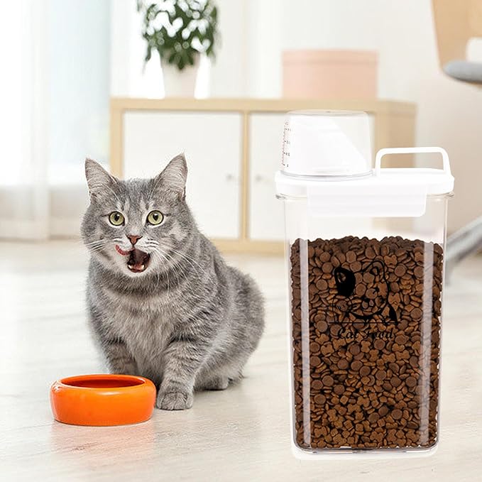 Cat Food Container 2.5L Clear Plastic Cat Food Storage 3 lbs Cat Food Portable Container with Pour Spout/Measuring Cup,Airtight Pet Food Dispenser Ideal for Travel,Camping,Picnic-BPA Free