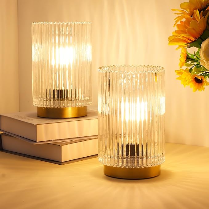 Battery Operated Lamp, Cordless Table Lamp with Timer, Desk Bedside Lamps with LED Warm Light, Glass Small Table Lamp for Bedroom, Bathroom, Living Room, Home Decor - Transparent