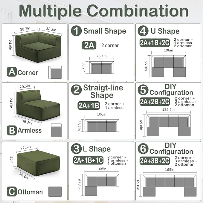 76" Sectional Compressed Sofa Modular Couches Loveseat 2 Deep Seat,High-Density Foam No Assembly Required,2-Piece(2xCorner) for Living Room Fabric Chenille Green