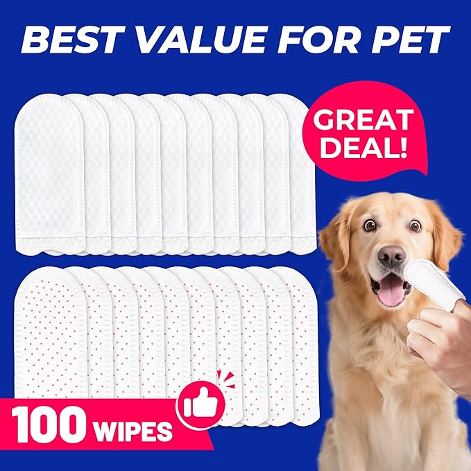 Wellix 100 Count Dog Teeth Cleaning Wipes for Dogs & Cats - Natural Formula Dental Care Finger Wipes Reduces Dog Plaque, Tartar & Bad Breath - No-Rinse Disposable Dog Dental Wipes