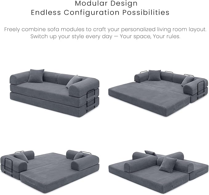 Compression Sofa - 79'' Convertible Sofa Bed, Boneless Couch in a Box, Modular Corduroy Foldable Sleeper Sofa with 2 Pillows, Loveseat Couches for Living Room (Corduroy Fabric, Dark Grey)