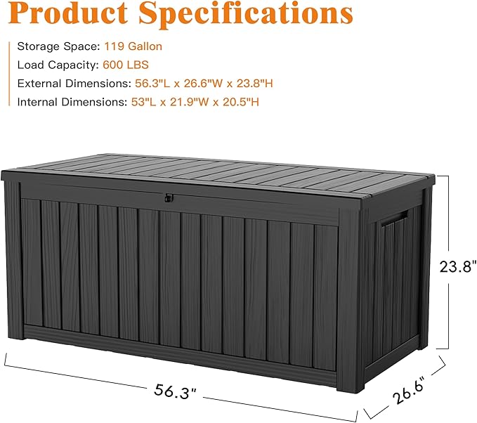 119 Gallon Outdoor Storage Box, Waterproof Deck Box with Handles and Lockable Lid, Resin Patio Storage Box with Hydraulic Rods for Garden Tools, Cushions, Black